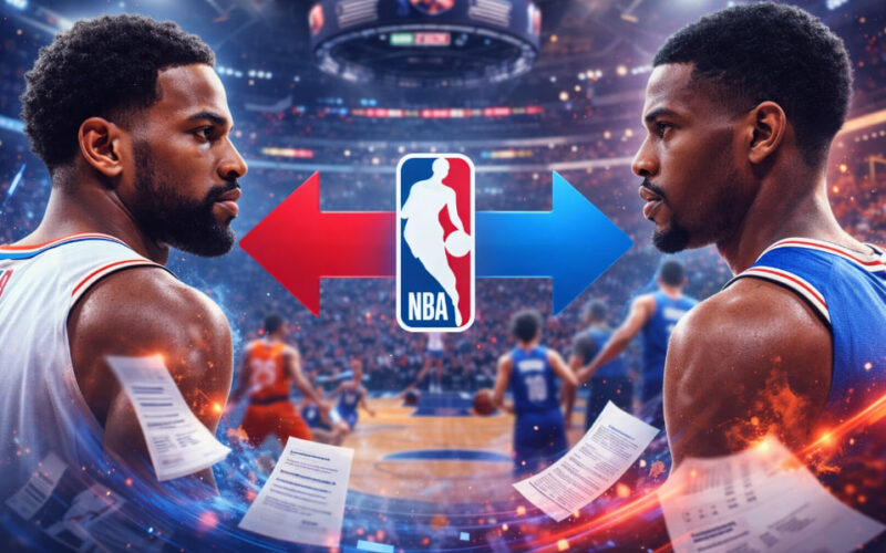 ilustrasi pemain NBA melakukan perpindahan tim dengan latar arena basket dan efek visual transfer pemain