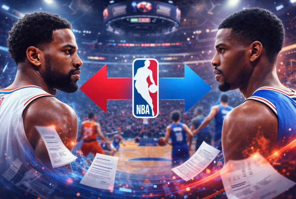 ilustrasi pemain NBA melakukan perpindahan tim dengan latar arena basket dan efek visual transfer pemain