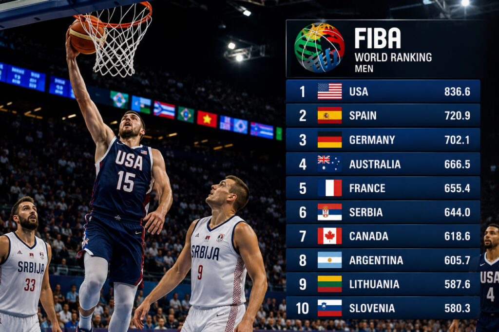 peringkat FIBA terbaru dengan pertandingan basket internasional yang memperlihatkan persaingan tim nasional
