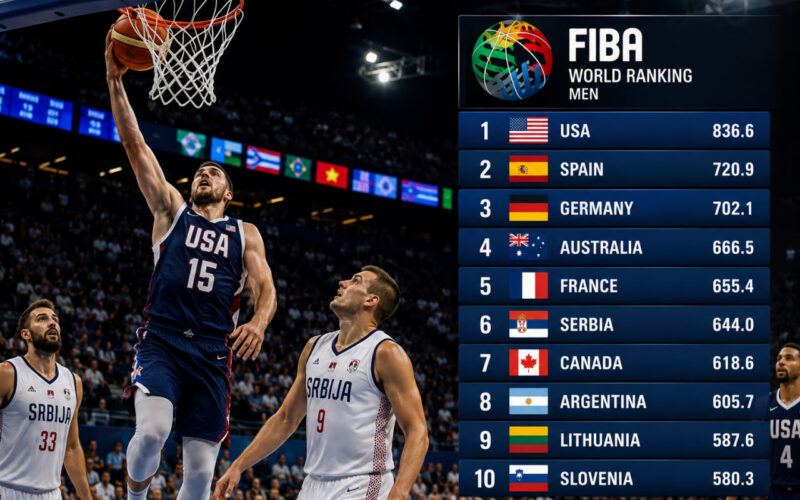 peringkat FIBA terbaru dengan pertandingan basket internasional yang memperlihatkan persaingan tim nasional